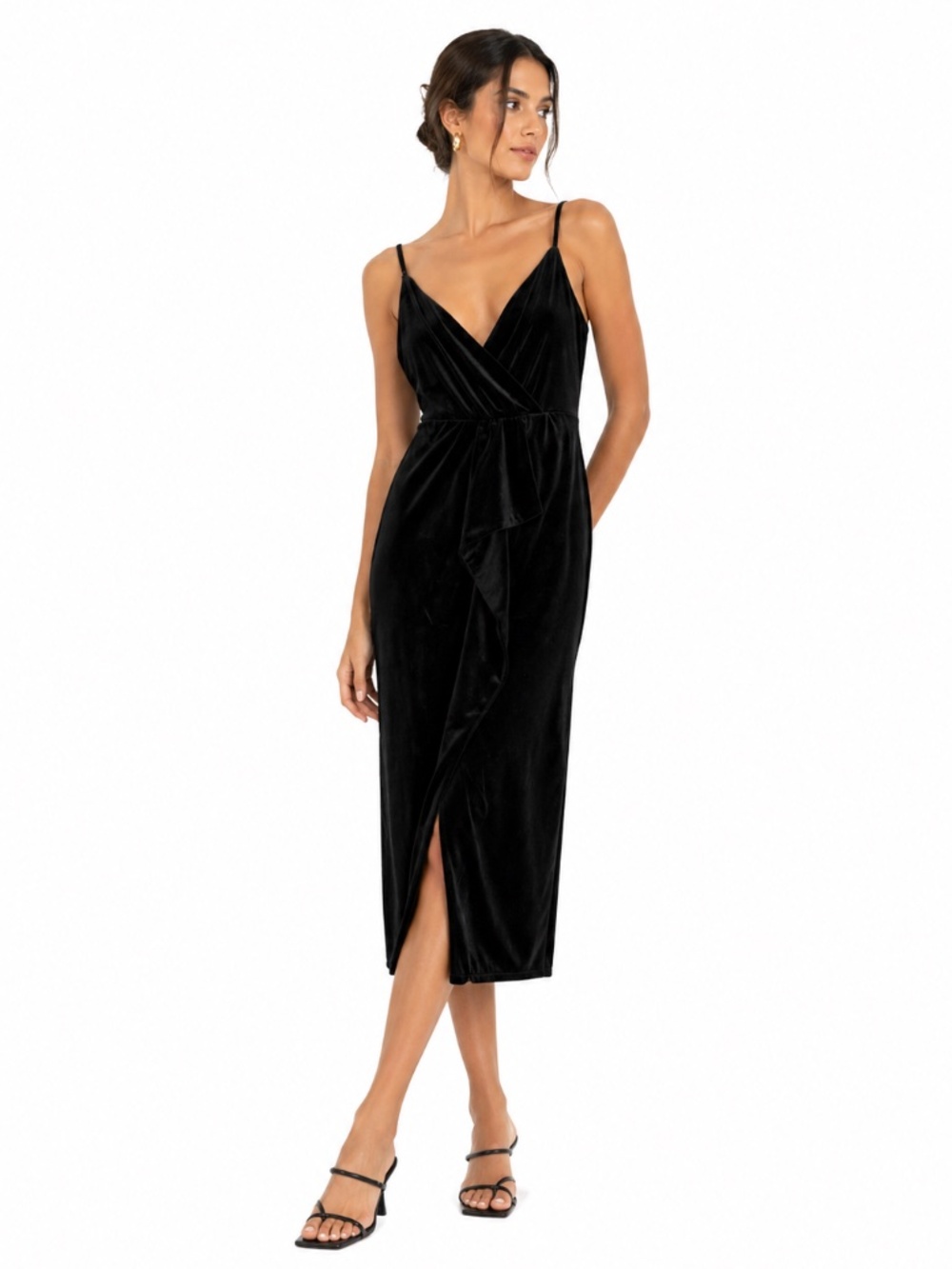 Dynamite Black Sparkly Velvet Faux Wrap Midi Dress Ruffle Slit – Size Small EUC